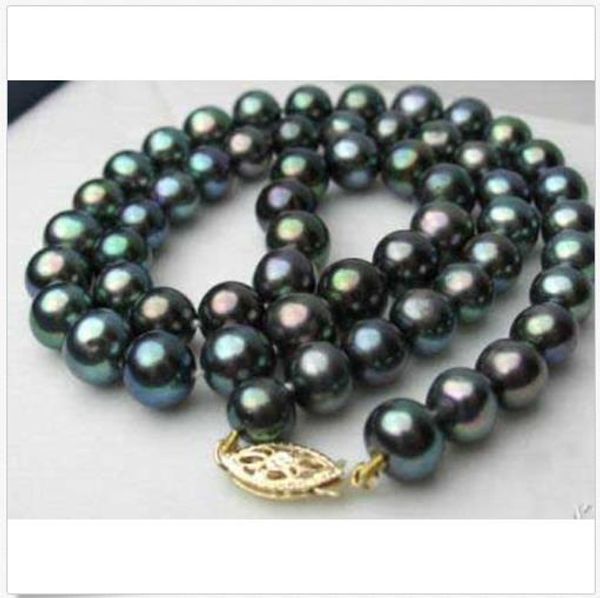 

9-10mm natural south sea peacock black pearls necklace18inch 14k, Silver