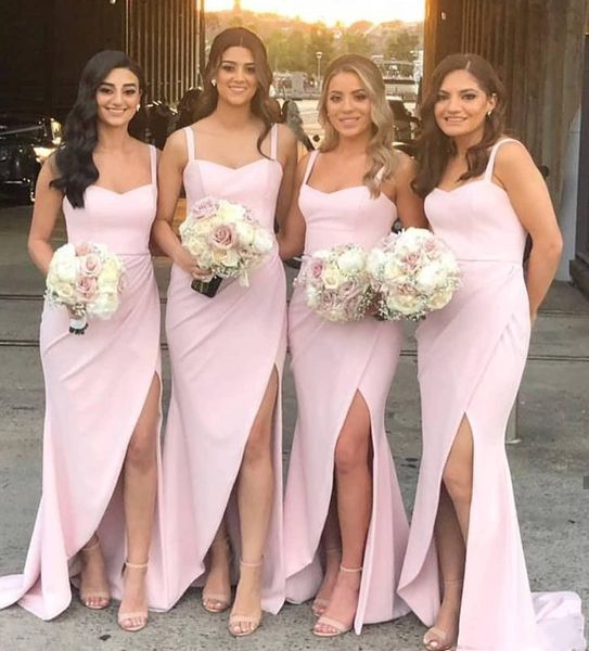 

classic pink mermaid long bridesmaid dresses 2020 front side split spaghetti neck covered zipper back maid of honor gowns customize, White;pink