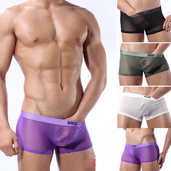 

new male men's sheer see through soft mesh stretch boxer underwear zhou, Black;white