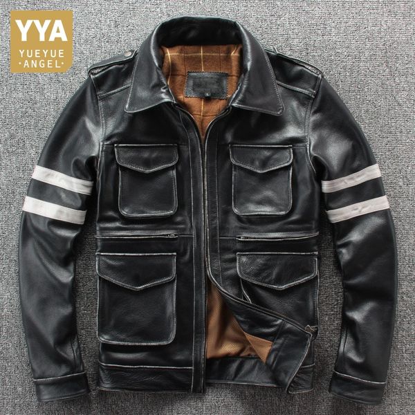 

2019 autumn winter new natural leather jacket mens slim fit real leather pockets zippers motor biker clothing overcoats, Black