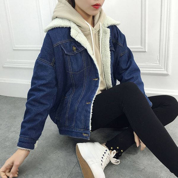 

new fashion winter coat women lambs wool jean coat with pockets long sleeves warm jeans wide denim parka casual outwear, Black;brown