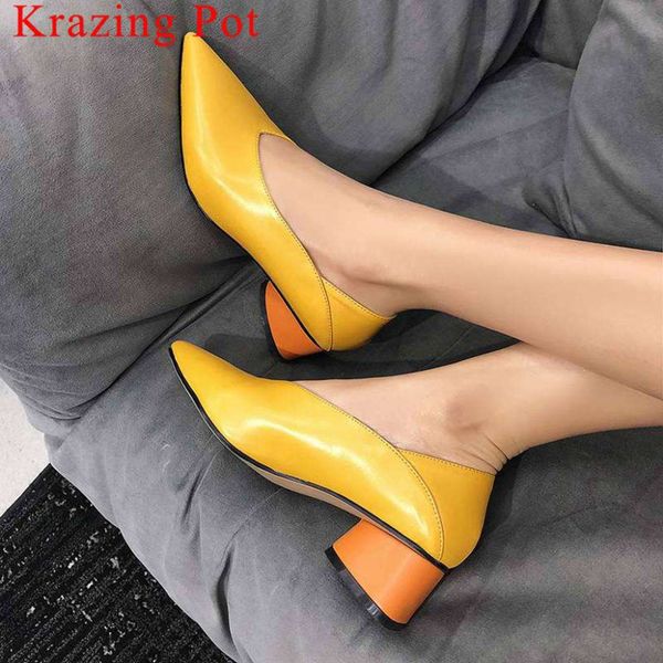 

krazing pot genuine leather slip on pointed toe office lady med heels mixed colors woman pumps career dress shoes l6f6, Black