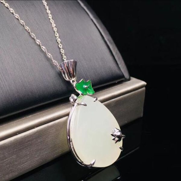 

красивый природный китайский hetian 925 silver white jade инкрустированные листьев лотоса дизайн ожерелье для женщин шарма подарка ювелирных