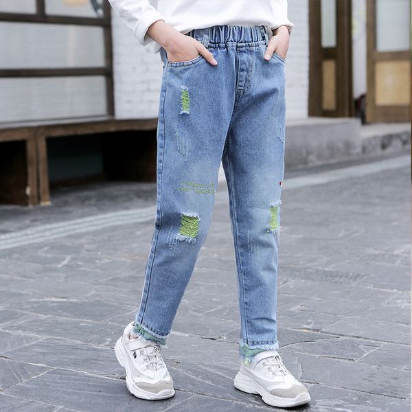 

2020 new girls jeans kids spring broken hole jeans fashion elastic waist pants baby girl trousers casual denim pants, Blue