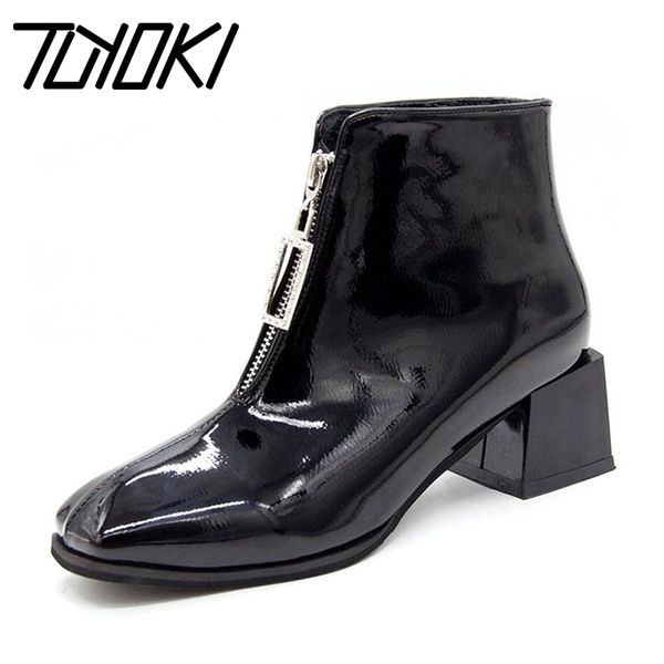 

tuyoki women high heels boots zipper ankle botas pu leather shine autumn fashion woman shoes party footwear boots size 35-40, Black