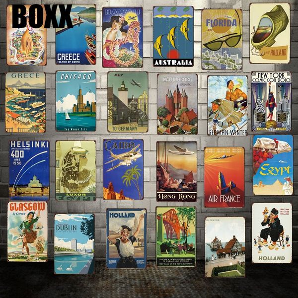 

famous cites countries travel metal sign wall plate havaii new york chicago florida greece iron painting