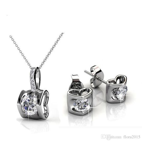 

сердце серьги и кулон комплект ювелирных изделий белого цвета золота гальваническим кубического циркония для женщин лучший подарок для женщи, Silver