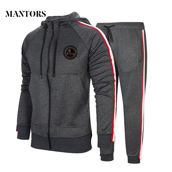 

autumn men set 2019 casual sportswear suit hooded sweatshirt tracksuit men's solid zipper jackets 2pc hoodies + pants sets male, Gray