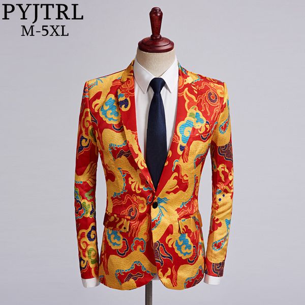 

pyjtrl tide men chinese style red gold dragon design casual suit jacket plus size singer costume wedding groom prom party blazer, White;black