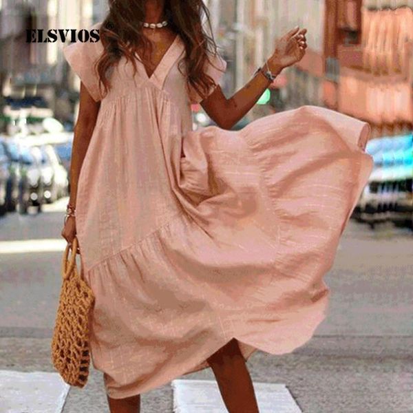 

solid elsvios color v-neck loose long dress women new summer short sleeve beach party dress casual plus size femme dress vestido, Black;gray