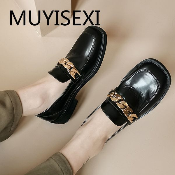 

metal chains decorations full grain leather round toe 3cm low heel slip on women basic neutral office career pumps sr14 muyisexi, Black