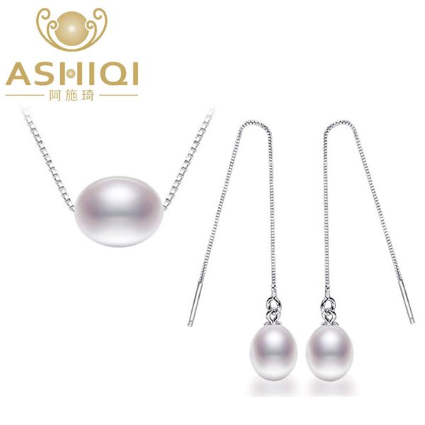 

ashiqi 925 sterling silver jewelry set freshwater pearl necklaces earrings 7-8mm rice natural freshwater pearls for women, Black