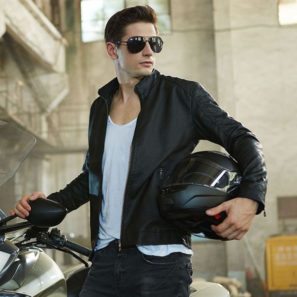 

mens leather jacket brand slim stand biker motorcycle jacket men outerwear men pu leather coat clothing 54656, Black