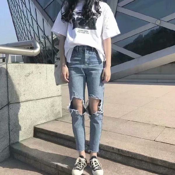 

jeans denim women holes zipper pockets straight retro casual womens slim high waist all-match vintage chic korean style daily, Blue