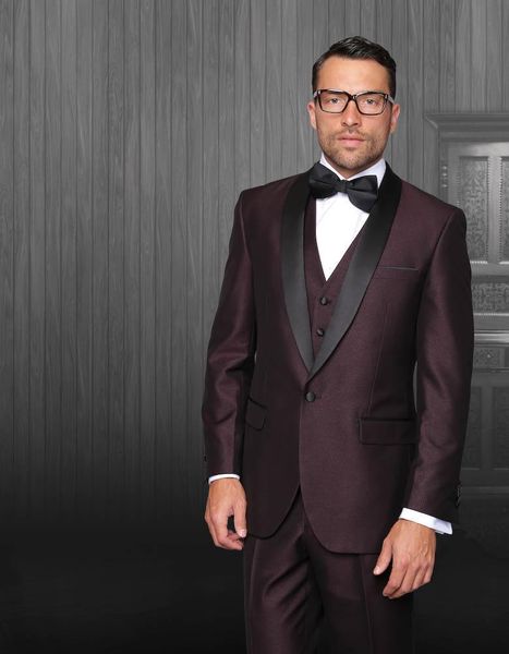 Excellent Бургундия Groom Tuxedos черный отворот дружки свадебные смокинги Популярные Мужчины Пром Куртка Blazer 3 шт Костюм (куртка + штаны + Tie + Vest) 56