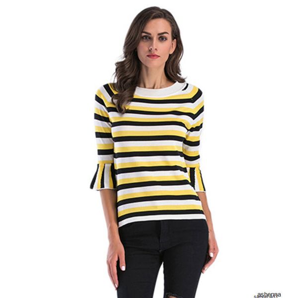 

womens designer sweater knit sweater season seven-point lotus leaf sleeve slim striped sweater womenvsv6h, White;black