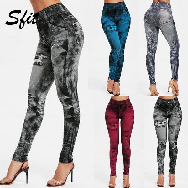 

sfit women faux denim jeans leggings long pocket printing summer leggings casual high waist pencil pants plus size yoga pants, White;red