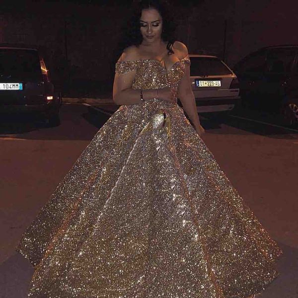 

2022 off the shoulder bling prom dress gold sequin floor length lace up bridal dress quinceanera dresses ball gown long formal evening wear, Black