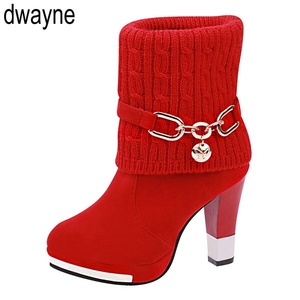 

2019 red mid calf boots high heel boots warm plush winter female shoes mujer ladies shoes women, Black