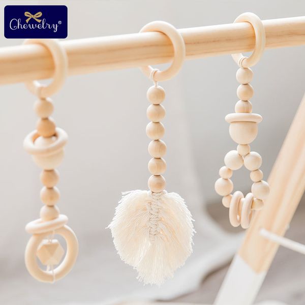 

1set baby play gym diy sensory teether wooden ring chew silicone beads wood teething cartoon silicone teether baby rattles toys t200429