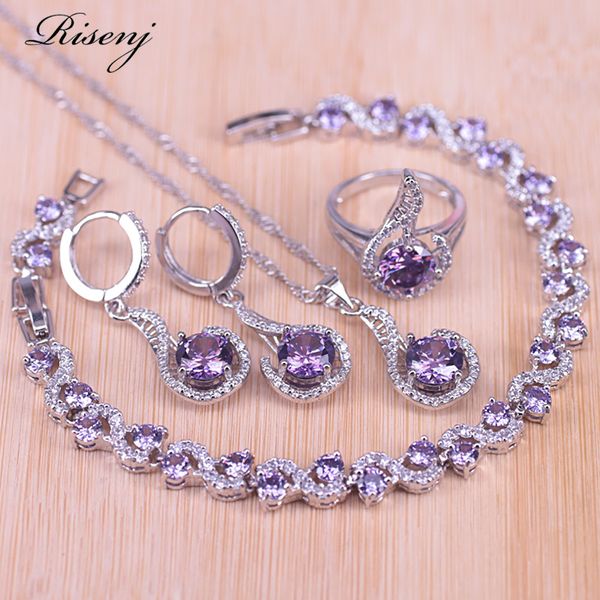 

risenj lucky note square purple zircon & crystal 925 stamp silver color jewelry for women earrings ring necklace bracelet set