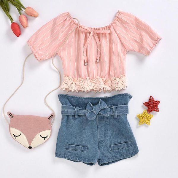 

summer toddler kids baby girls off shoulder stripe lace + bow denim shorts pants set girl clothes kids clothes w10, White