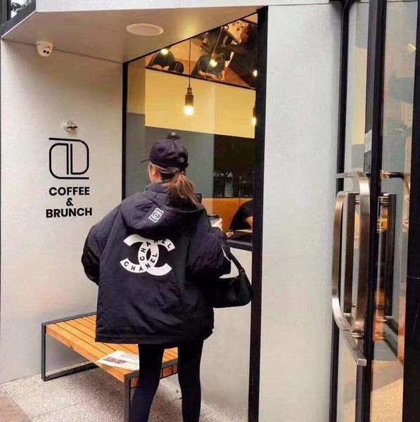 

winter coat women's thick cotton-padded jacket fashion trend design double c letter embroidery web celebrity same style girl loose coat, Black