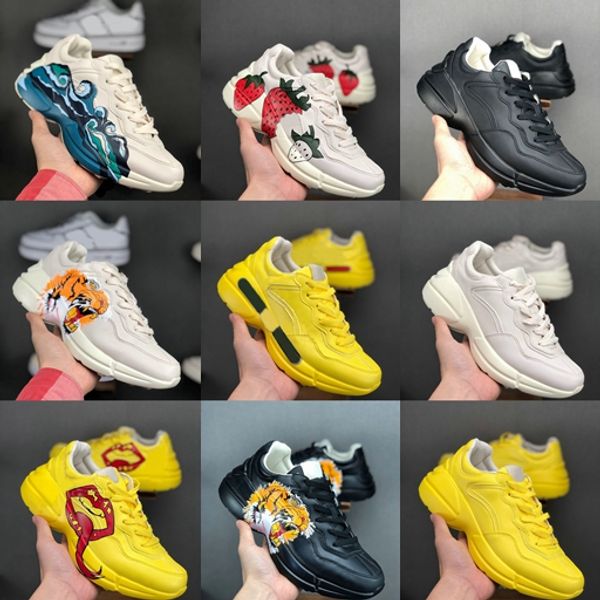 

2019 rhyton leather trainer sneakers mens designer shoes with strawberry wave mouth tiger print luxury vintage casual women des chaussures, White;red