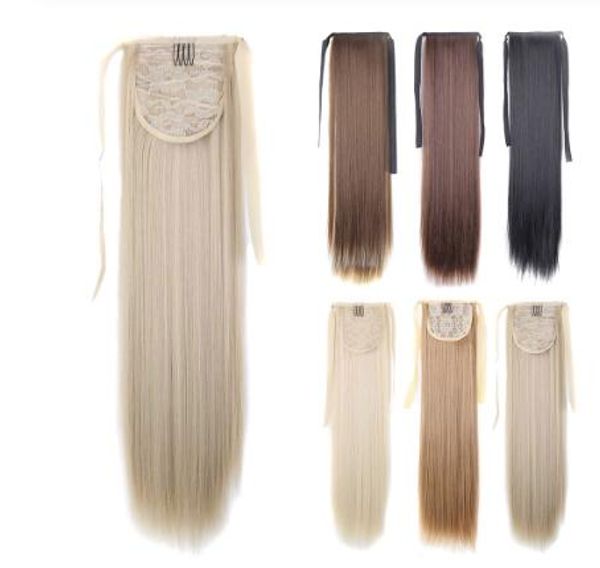 

22inches silky straight synthetic clip in drawstring ponytail hairpieces for women hair extension high temperature fiber, Black;brown