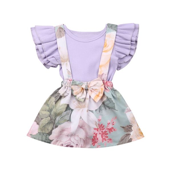

0-3y 2pcs infant baby girls clothes flying sleeve romper+floral sling skirt sunsuit baby cute outfits, Pink;blue
