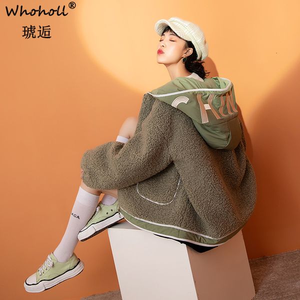 

lamb wool coat woman winter 2019 thickening split joint even hat cotton-padded clothes fluffy tail hooded loose outerwear, Black