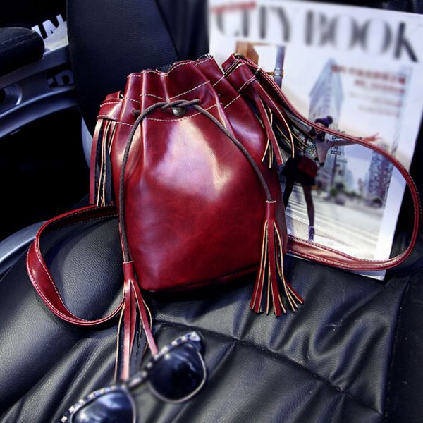 

women bag tassel bucket bag pu leather patchwork women shoulder messenger handbag
