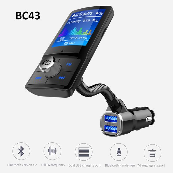 

bc43 color screen fm transmitter car mp3 wireless bluetooth handscar kit audio aux modulator with qc3.0 dual usb charge
