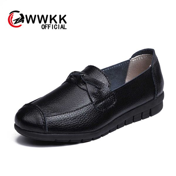 

wwkk spring autumn women ballerina flats genuine leather shoes slip on loafers women flats shoes woman grandmother loafers, Black