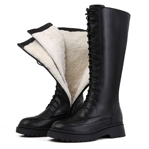 

2020 new genuine leather boots women shoes lace up warm winter boots nature sheep wool mid calf boots ladies botas, Black