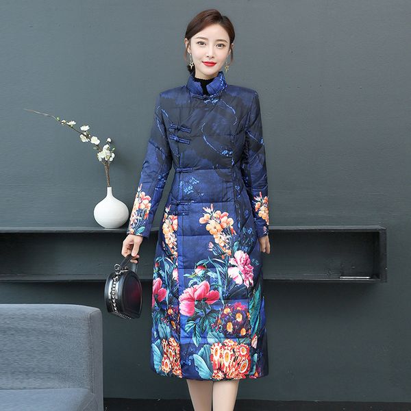 

rlyaeiz зимы женщин пальто 2019 китайский стиль printed зима белая утка вниз куртки женщины parka толстые теплый длинные шинель 4xl, Black