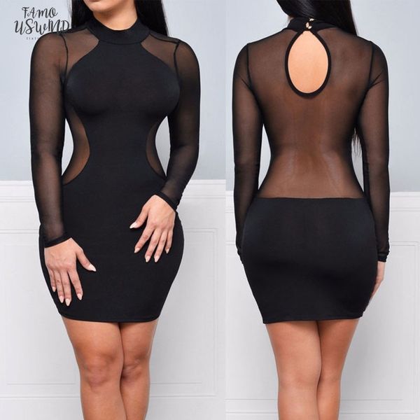 

long sleeve brief party women short mini dress fashion women lady dresses clothing bandage bodycon transparent, Black;gray