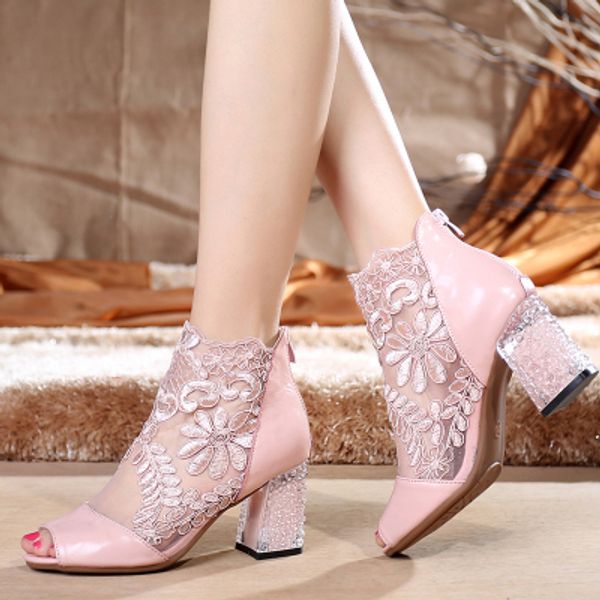 

new fashion peep toe summer wedding boots white lace prom evening party shoe bridal high heels lady formal dress shoes, Black