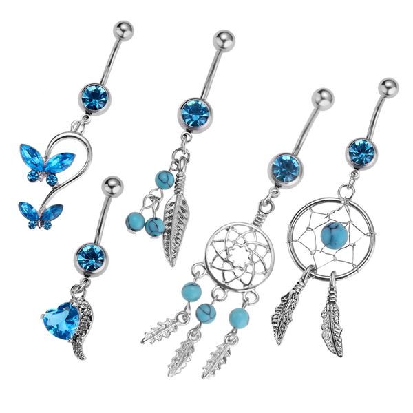 

5 piece rhinestone dreamcatcher butterfly leaf heart belly bar navel ring, Slivery;golden
