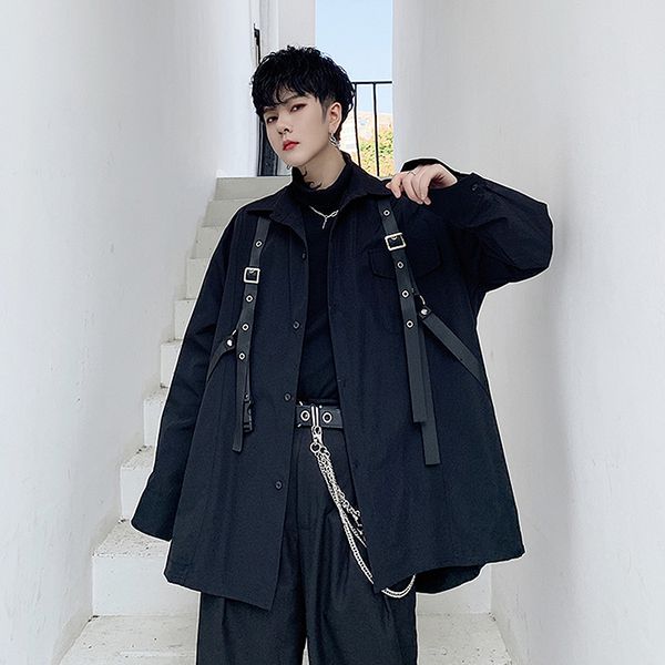 

male streetwear punk gothic stage party dress shirt loose casual black cargo long sleeve 2020 shirt oversize cardigan outerwear, White;black