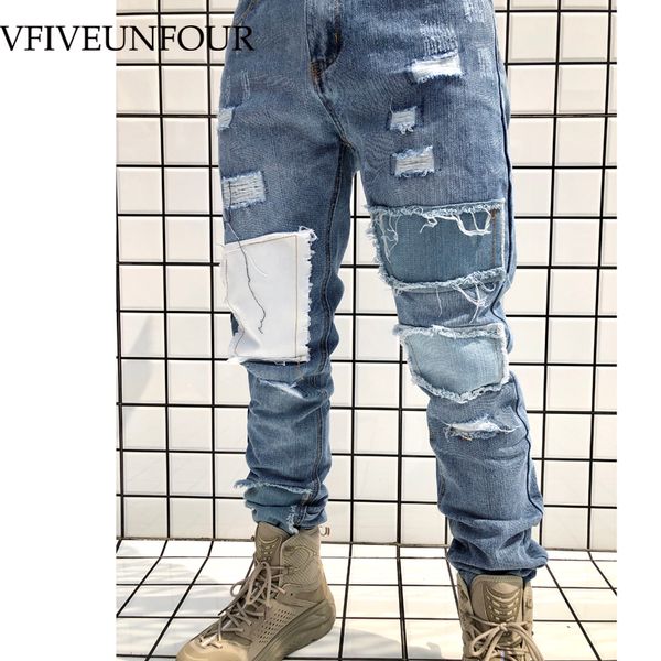 

vfiveunfour старинные лоскутные новые рваные потертые брюки мужчины хип-хоп тонкий отверстие всплеск чернил стрейч проблемные рваные тощий к, Black