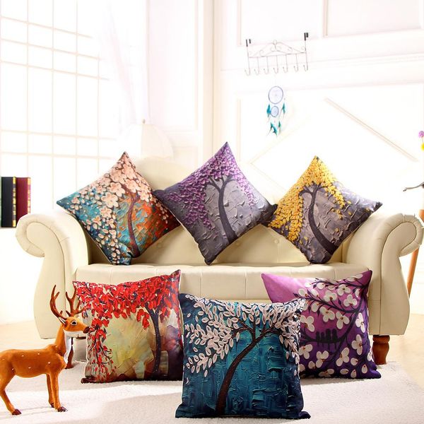 

3d oil painting tree pattern throw pillow cover for car waist support bedroom living room sofa hug pillowcase