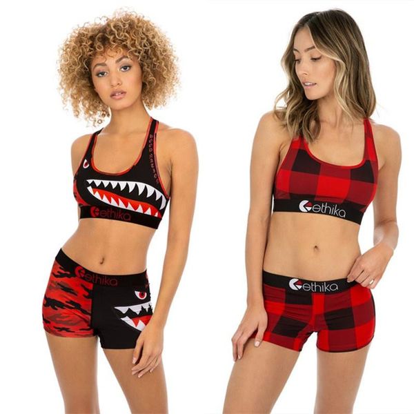 

women ethika swimsuit beachwear i-shaped vest bra + swim shorts two piece set plaid swimming suit shark camouflage swimwear bikini suit wear, White