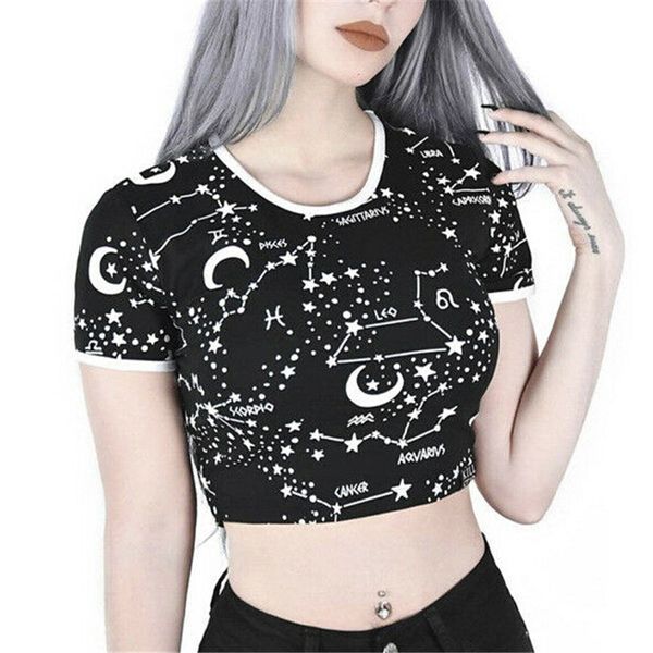 

new summer 2019 new women star print crop bustier female o neck black short sleeve cropped tee shirt, White