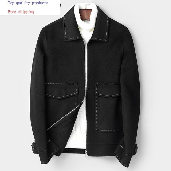 

spring autumn wool coat men fashion short handmade man jacket double-sided woolen mens overcoat coats 81z8801 kj2252, Black