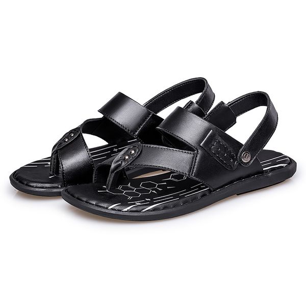 

men's leisure plus size beach flat summer shoes genuine leather shoe mans flip flop sandles slipper, Black