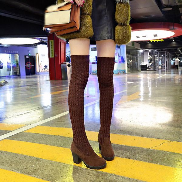 

elastic force plush plaid thick heel high heel over knee boots silp-on non-slip round toe fashion boots winter women, Black