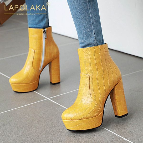 

lapolaka 2020 plus size 32-46 new chunky high heels ankle boots woman shoes zip up add fur autumn shoes women boots, Black