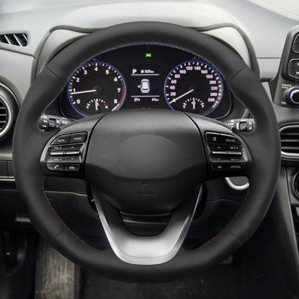 

black natural leather car steering wheel cover for hyundai kona 2017 2018 2019