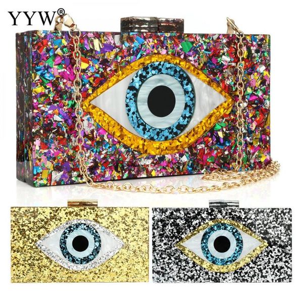 

travel evening handbags women crossbody bags patchwork glitter evil eye acrylic bag pvc plastic box clutches chain shouler bag